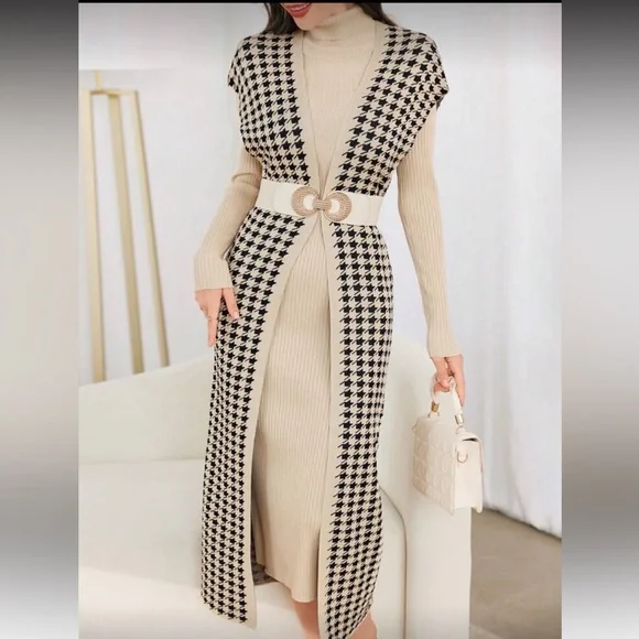 Beige and Black Houndstooth Long Cardigan Dress - Picture 7 of 14